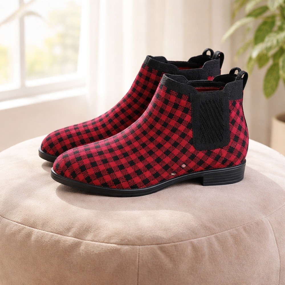 Vivaia Chelsea 37/6.5 Red Black Gingham Square Toe Sock Boots Ankle Boots